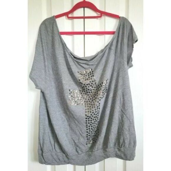 Torrid‎ 0 Gray Beaded Big Cross Cotton Blend Slouchy T-Shirt Short Sleeve - Picture 1 of 6